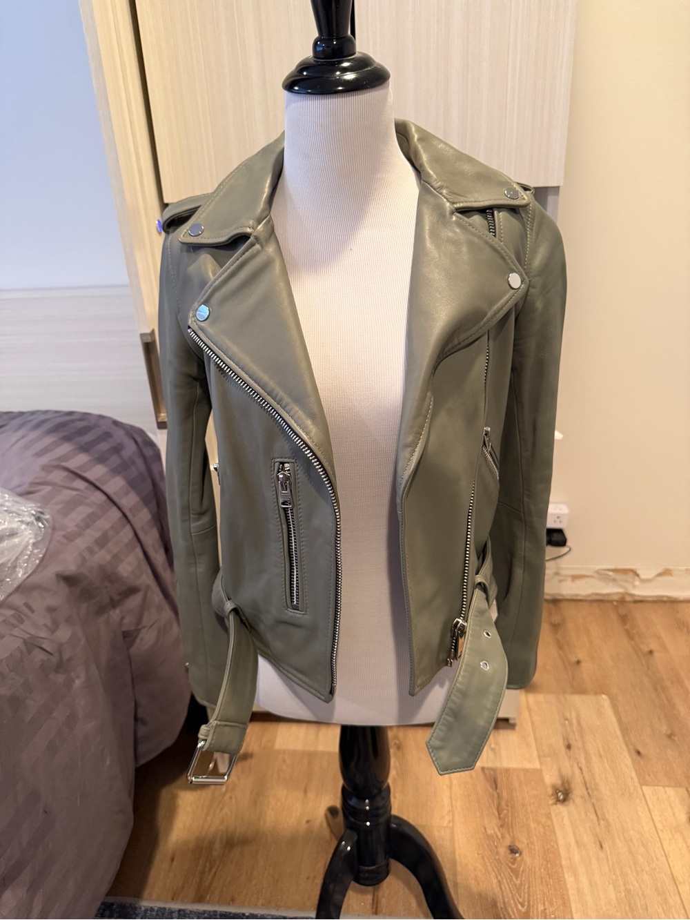 All Saints Olive Green Leather Moto Jacket